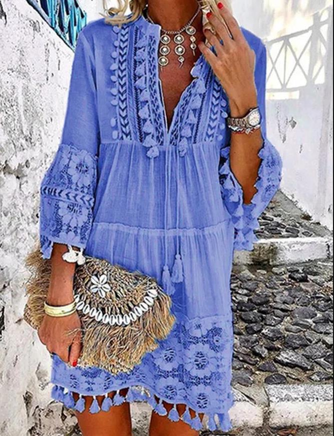 New Womens Casual Dresses Fashionable Sweet Ladies Dress Causal 3/4 Sleeve V Neck Holiday Boho Dresses with Lace Lace and Tassel Cut Out Dress