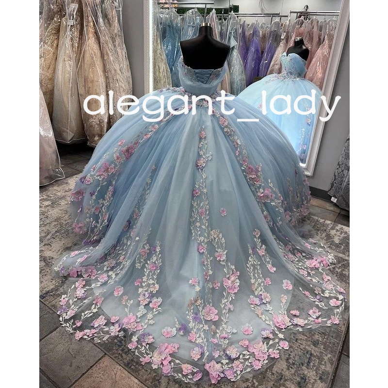 Sky Blue Quinceanera Dresses Pink 3D Flowers Floral Appliques Off Shoulder lace-up Corset prom Vestidos De XV Anos