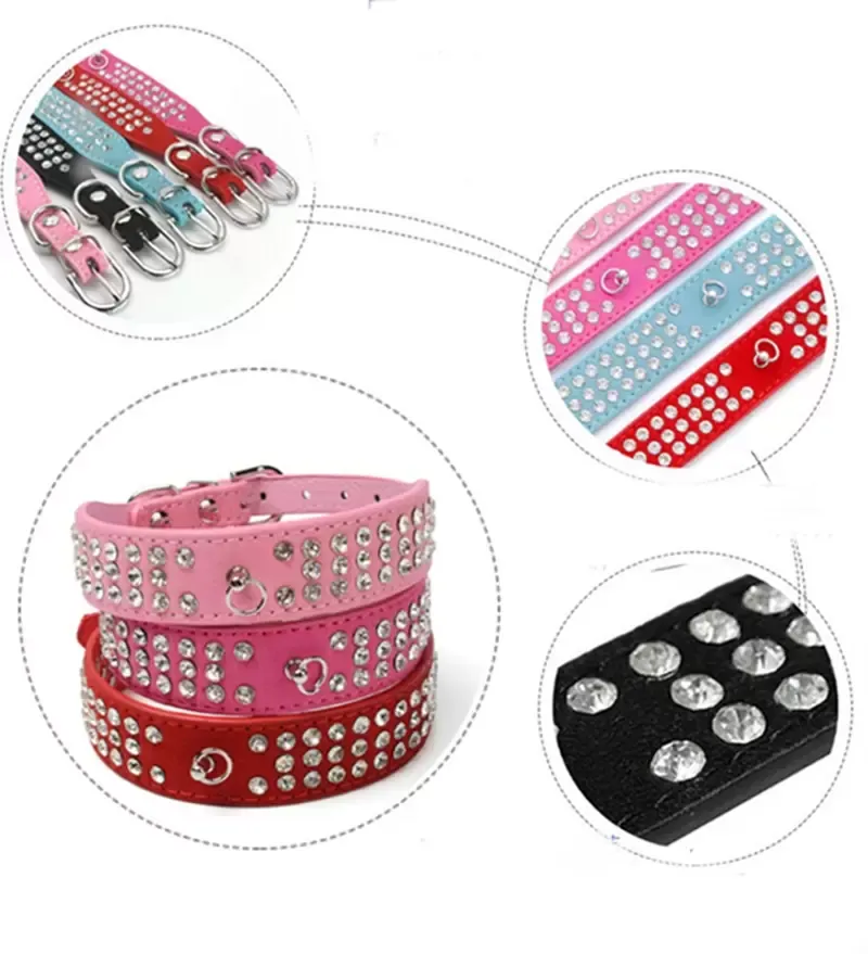 Personalized Length Suede Skin Jeweled Rhies Pet Collars Three Rows Sparkly Crystal Dias Studded Puppy Dog Collar