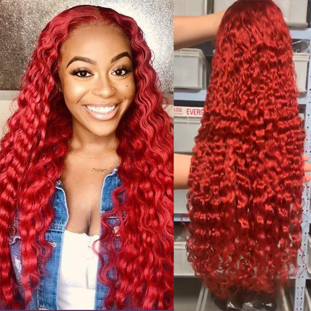 Hot Red Lace Frontal Wig Curly Human Hair Wigs Deep Wave 13x4 Transparent Lace Front Wig Synthetic For Black Women Pre plucked