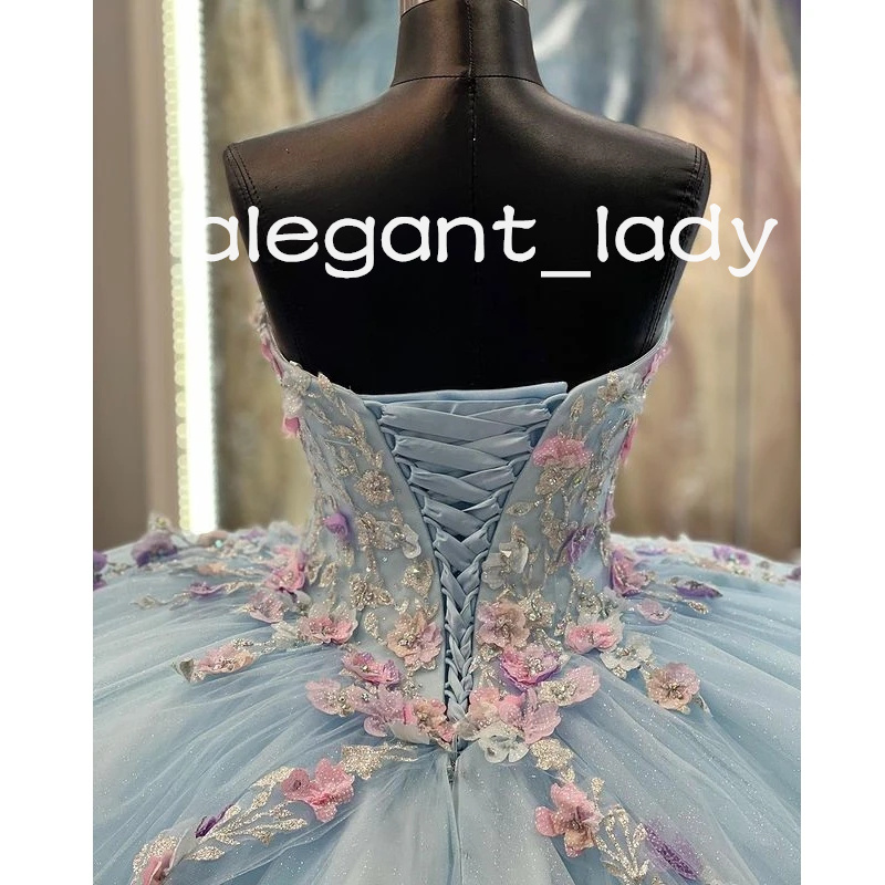Sky Blue Quinceanera Dresses Pink 3D Flowers Floral Appliques Off Shoulder lace-up Corset prom Vestidos De XV Anos