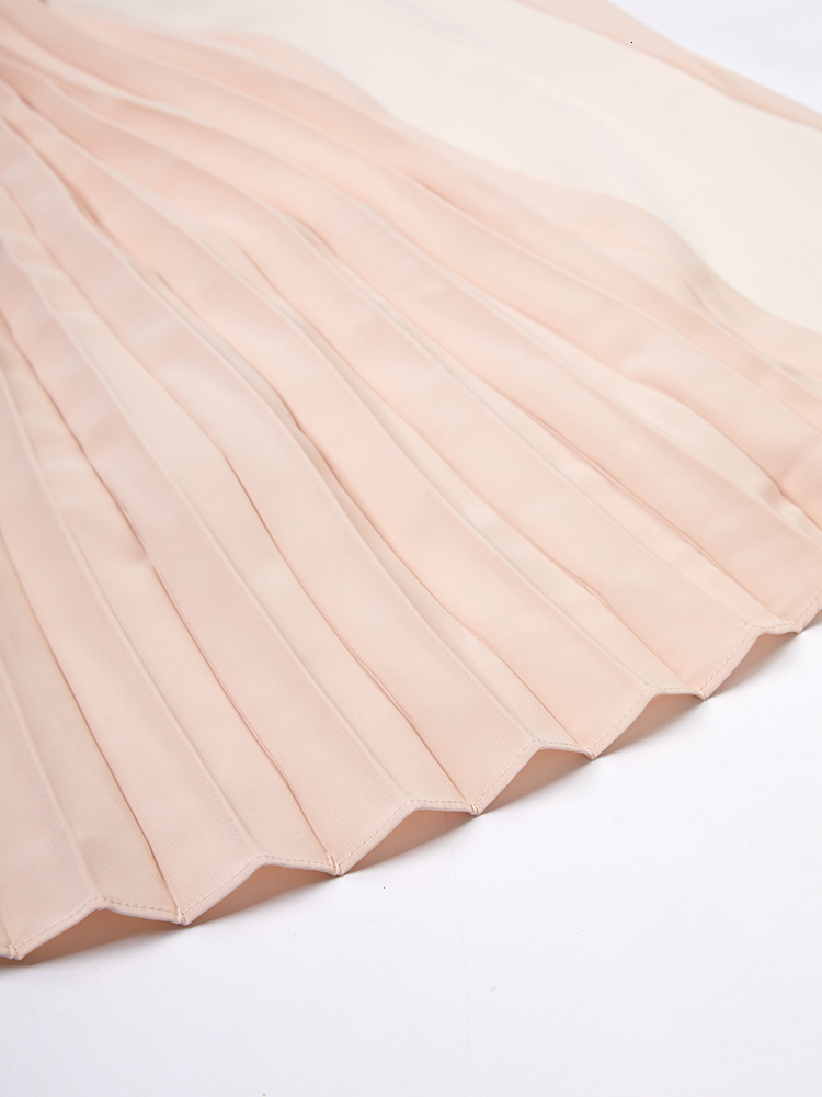 Basic Casual Dresses EWQ O Neck Fashion Stitching Line Women s Party Beautiful Pleated Dress Patchwork Slim Apricot Color Robe 2023 Summer 230522