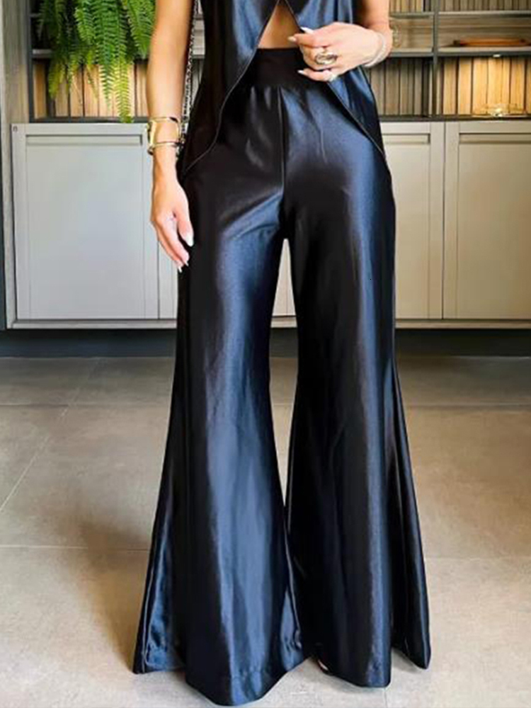Women s Two Piece Pants D rauuing Black 2 piece Set for Sleeveless Tank Split Bottom Top Wide Leg Silk Matching 230522