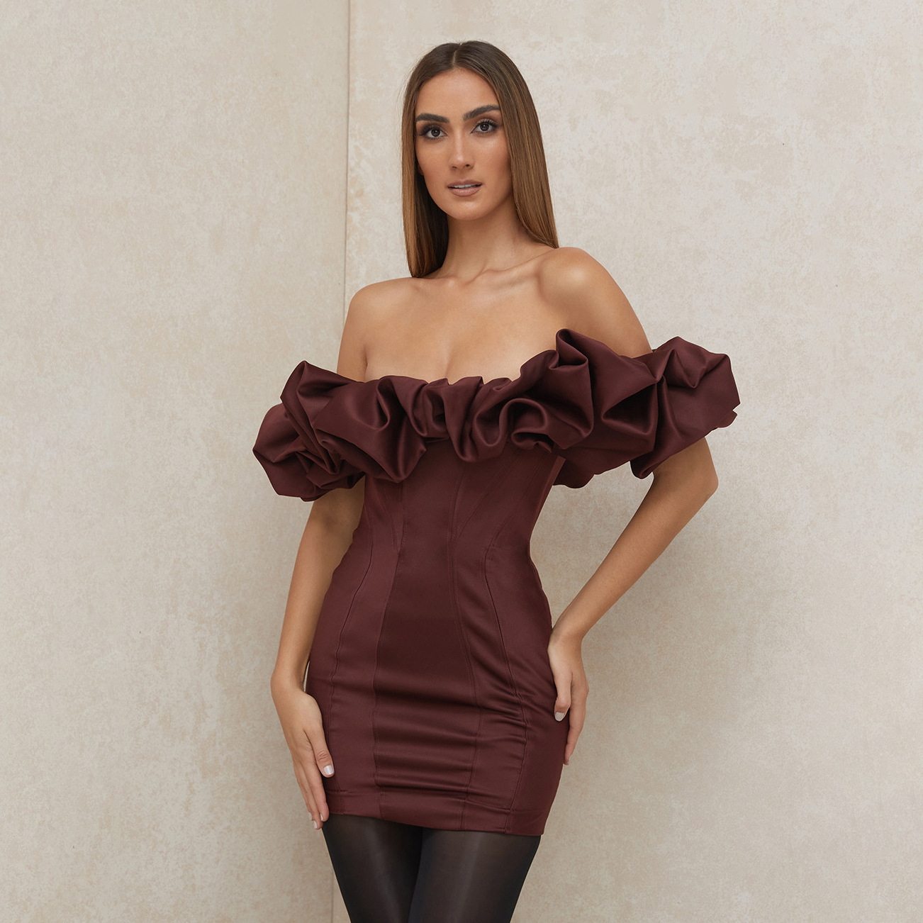 New Foreign Trade European and American Women's Dress French Satin Tight Fit Dress High Sense Strapless Pleated Short Skirt Fish Bone Ruffle Edge