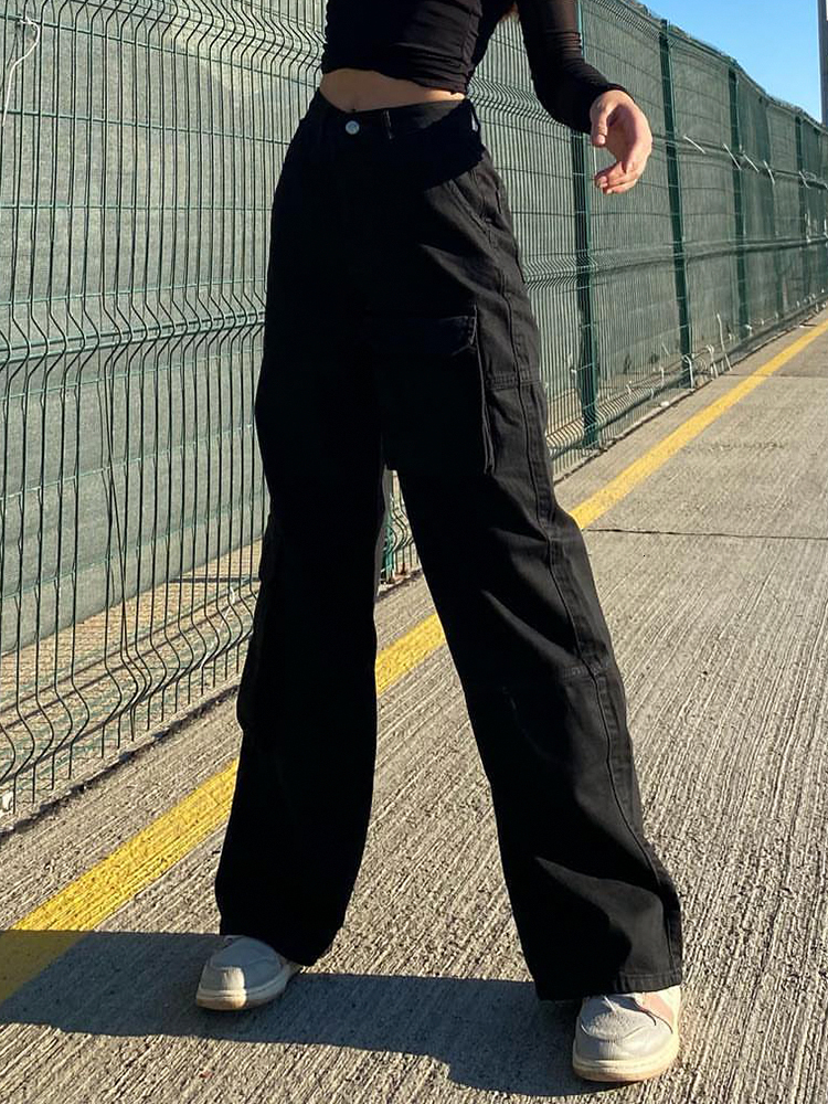 Women s Two Piece Pants Weekeep Low Rise Black Jeans Baggy Pocket Patchwork Straight Cargo Harajuku Streetwear Denim Trouser Fashion s 230522