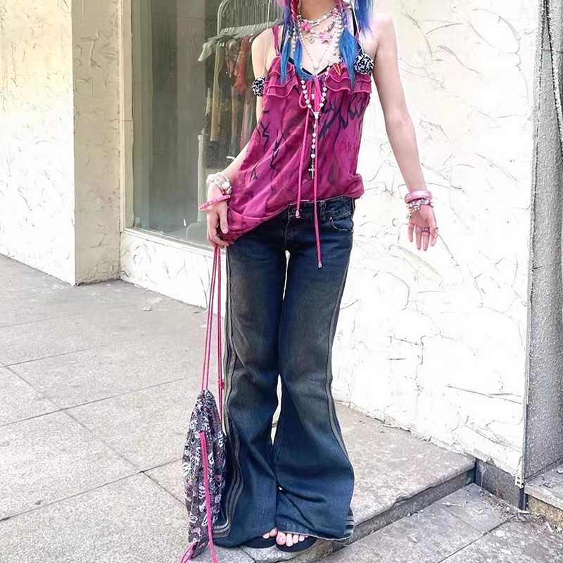 Women s Two Piece Pants Karrram Grunge High Waist Flare Jeans Vintage Striped Denim Y2k Harajuku Bell Bottom 2000s Skinny Mopping 90s 230522