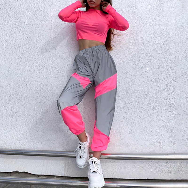 Women's Pants OMSJ Autumn Loose High Waist Shiny Reflective Work Patch Jogging Pants Women's Neon Street Clothing Cargo 230520