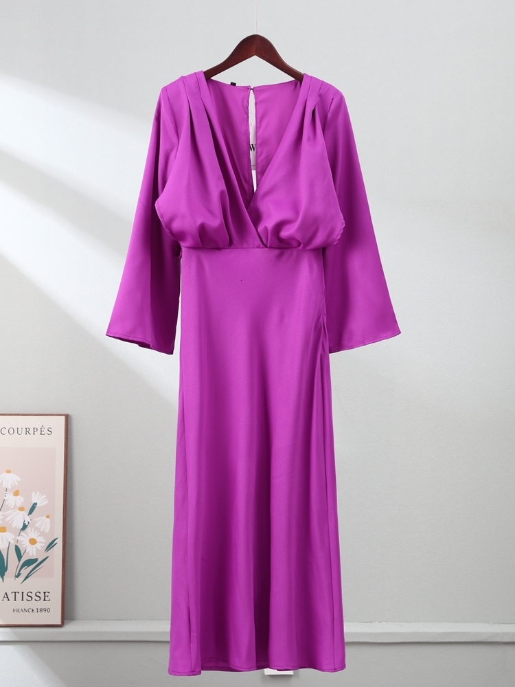 Basic Casual Dresse Solid V Neck Midi Dress Elegant Loose Long Sleeve Robes Vestidos 2023 Spring Female High Waist Vacation Party 230522