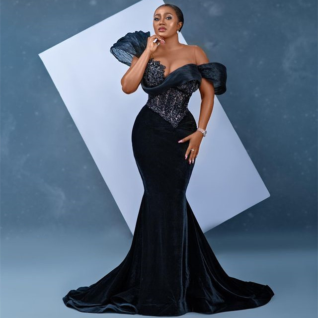 2023 AMVCA Aso Ebi Mermaid Velvet Prom Dress Beaded Stylish Evening Formal Party Second Reception Birthday Engagement Gowns Dress Robe De Soiree ZJ298