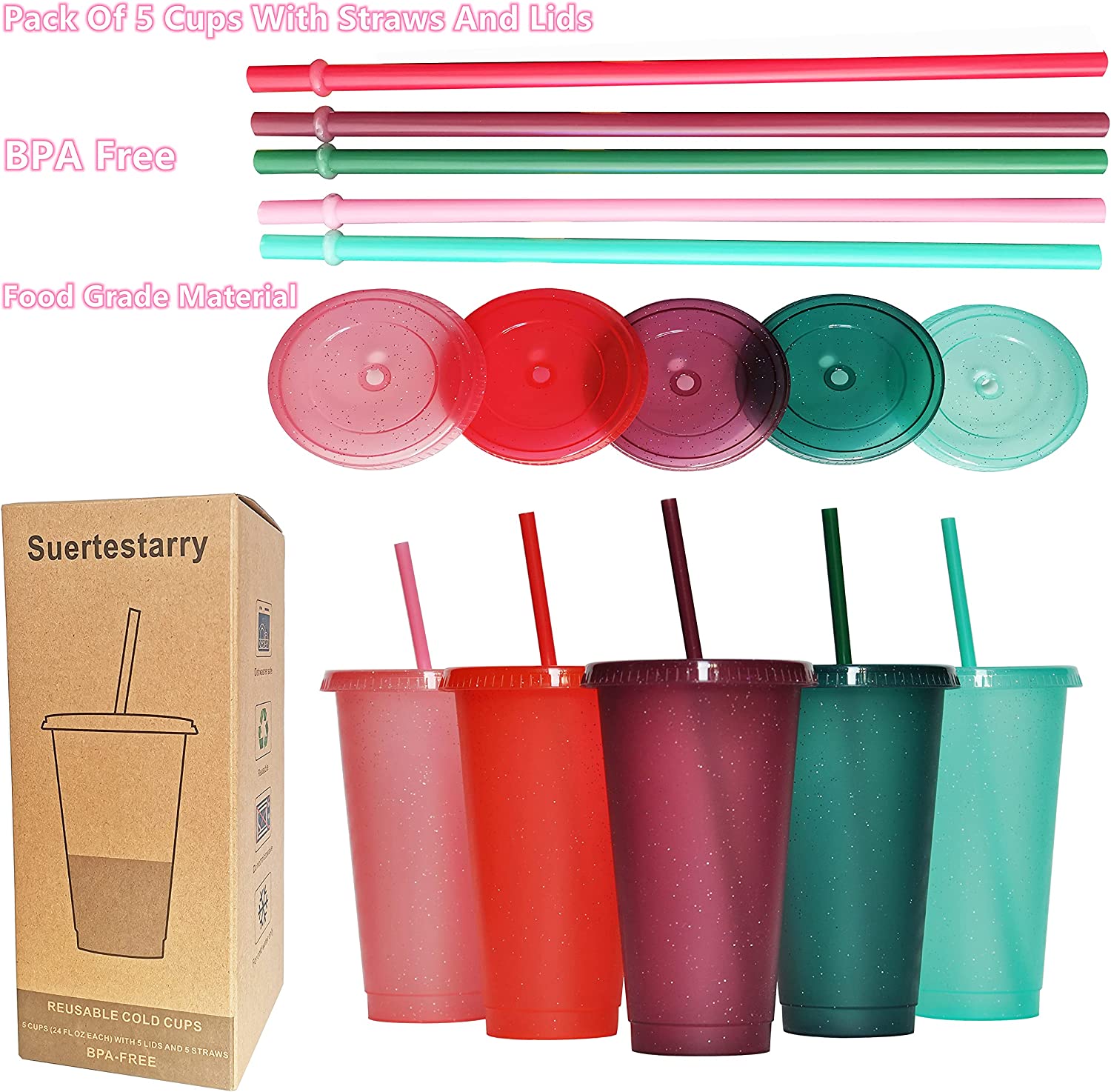 Suertestarry Tumbler with Straw and Lid,Water Bottle Iced Coffee Travel g Cup Reusable Plastic Cups Perfect for Parties Birthdays 24oz 16oz Free shipp