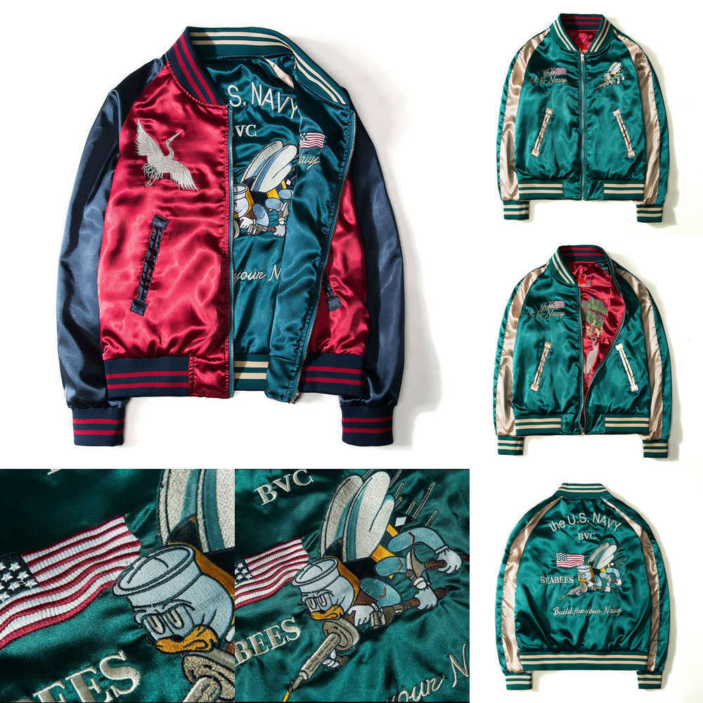 

Japanese style Printing Designer Bomber Jackets Mens New Satin Fabrics Stand Collar Varsity coat Jacket both-side wearable baseball jacket ZMP1, As picture