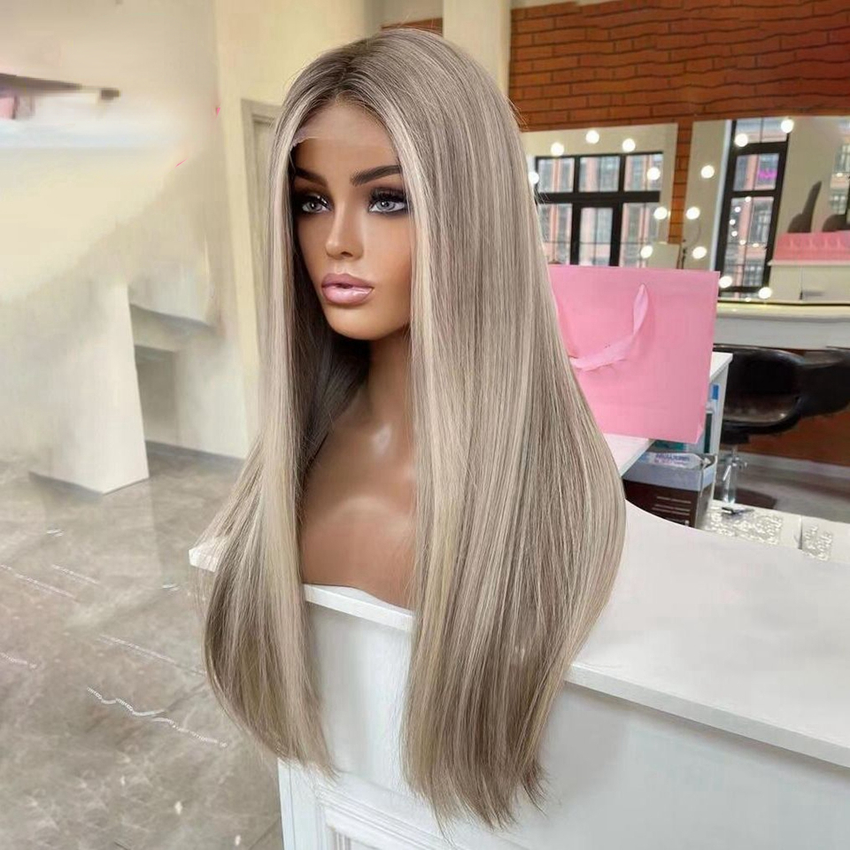 40 Inch Brown Highlight Human Hair 360 Frontal Wig Remy HD Ash Blonde Straight Synthetic Lace Front Wigs For Women Cosplay