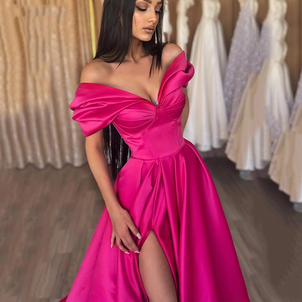 Charming Fuchsia Satin Prom Dresses Off The Shoulder Side Split Sexy Evening Dress V-Neck Elegant Simple Floor Length A Line Special Occasion Gown For