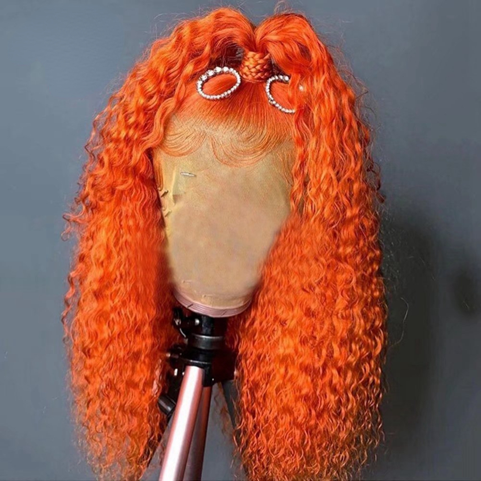 Mogolian Hair Blue Red Kinky Curly Lace Front Wig 180 Density HD Lace Frontal Wig Colored Transparent Orange /Grey Synthetic Lace Front Wigs Preplucke