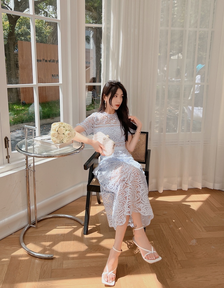 Casual Dresses S-elf-Portrait Blue Abstract Guipure Lace Midi Dress New