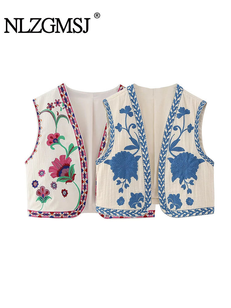 Women s Vests Nlzgmsj Vintage Flower Embroidery Vest Jacket 2023 Summer V Neck Cardigan Shirts Boho Loose Female Tops 230522