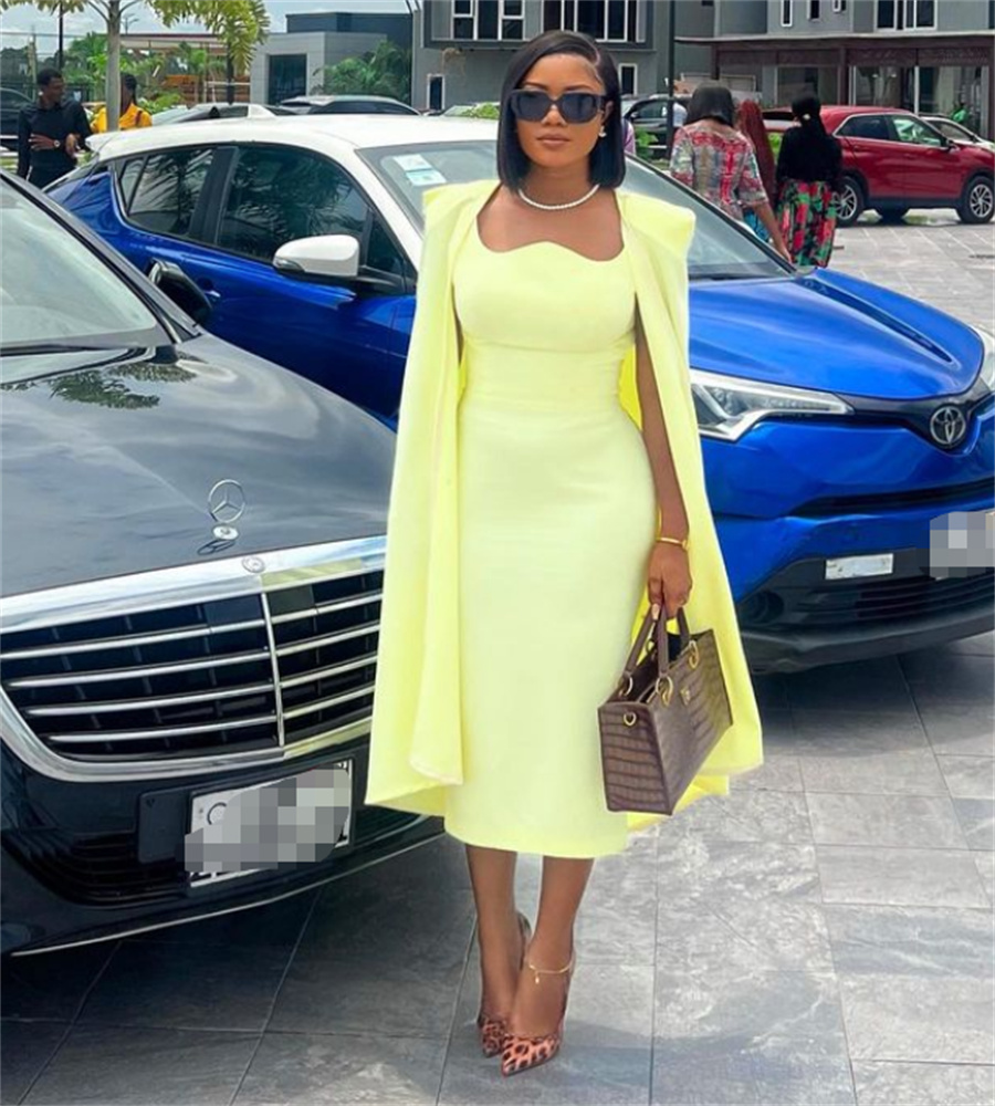 Chic Yellow Two Piece Prom Dress With Jacket 2023 Sheath Midi Evening Dresses Fashion Women Dinner Cocktail Party Skirt Formal Vestidos De Fiesta Form