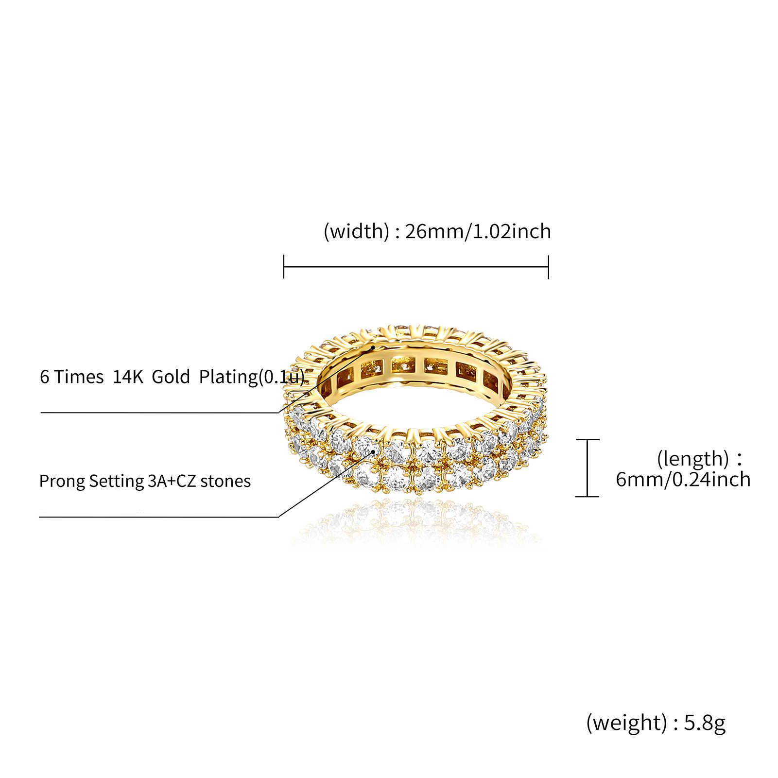 GZW 2.5mm-3mm New Double Row Full Zirconium Band Ring Prong Cubic Zirconia 14k Gold Color Preserving Plating Hip Hop Finger Rings For Men Women Simple