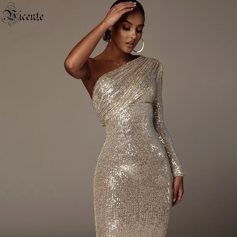 Basic Casual Dresses VC Sexy One Shoulder Dres Sparkle Glitzy Sequins Mesh Patchwork Celebrity Christmas Party Vestidos 230522
