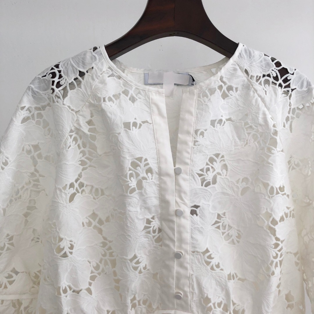 Casual Dresses S-elf-Portrait Cotton Lace Mini Dress Wide Sleeve A-line Dress for Women White