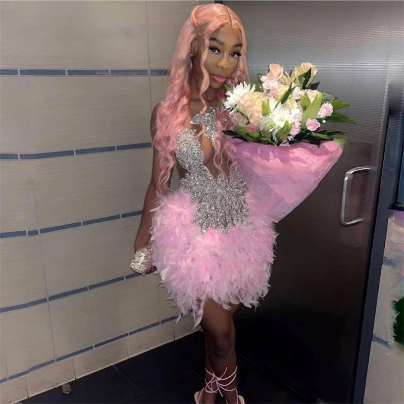 Sparkly Pink Short Prom Dresses Glitter Beads Crystals Feathers Sexy Birthday Party Gowns Tail Graduation Robe Del Bal Lz0304