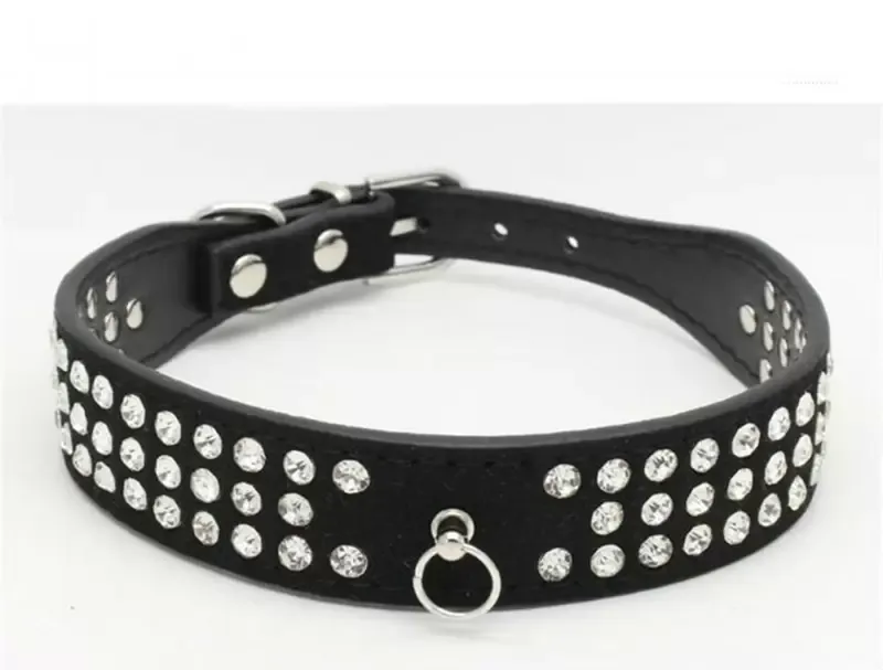 Personalized Length Suede Skin Jeweled Rhies Pet Collars Three Rows Sparkly Crystal Dias Studded Puppy Dog Collar