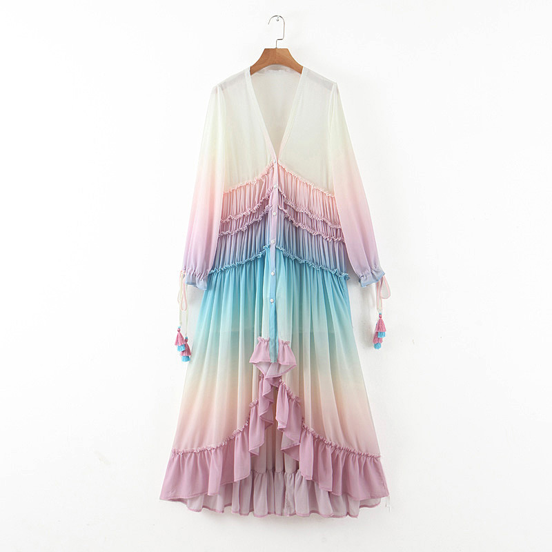 Casual Dresses Women Summer Boho Maxi Dress Rainbow Gradiented Long Sleeve Fashion Beach Button Fold Loose Vestidos