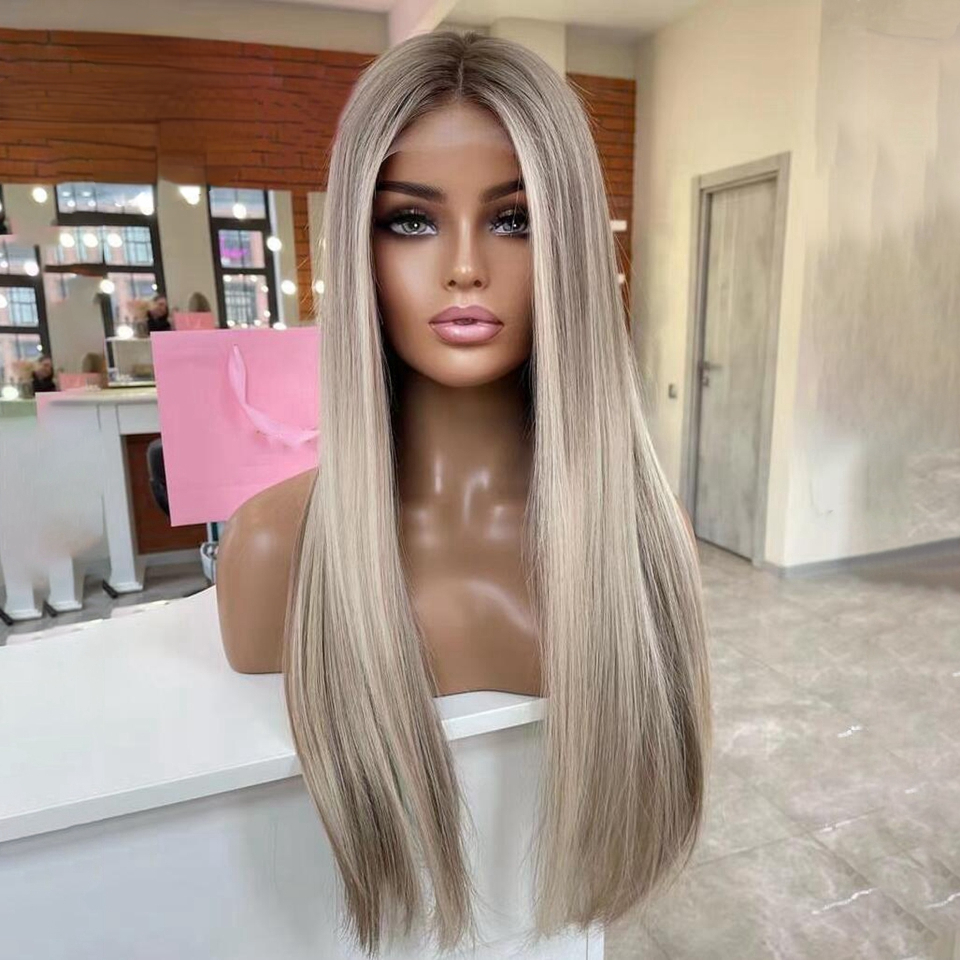 40 Inch Brown Highlight Human Hair 360 Frontal Wig Remy HD Ash Blonde Straight Synthetic Lace Front Wigs For Women Cosplay