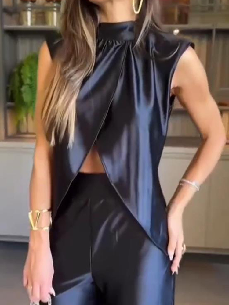 Women s Two Piece Pants D rauuing Black 2 piece Set for Sleeveless Tank Split Bottom Top Wide Leg Silk Matching 230522