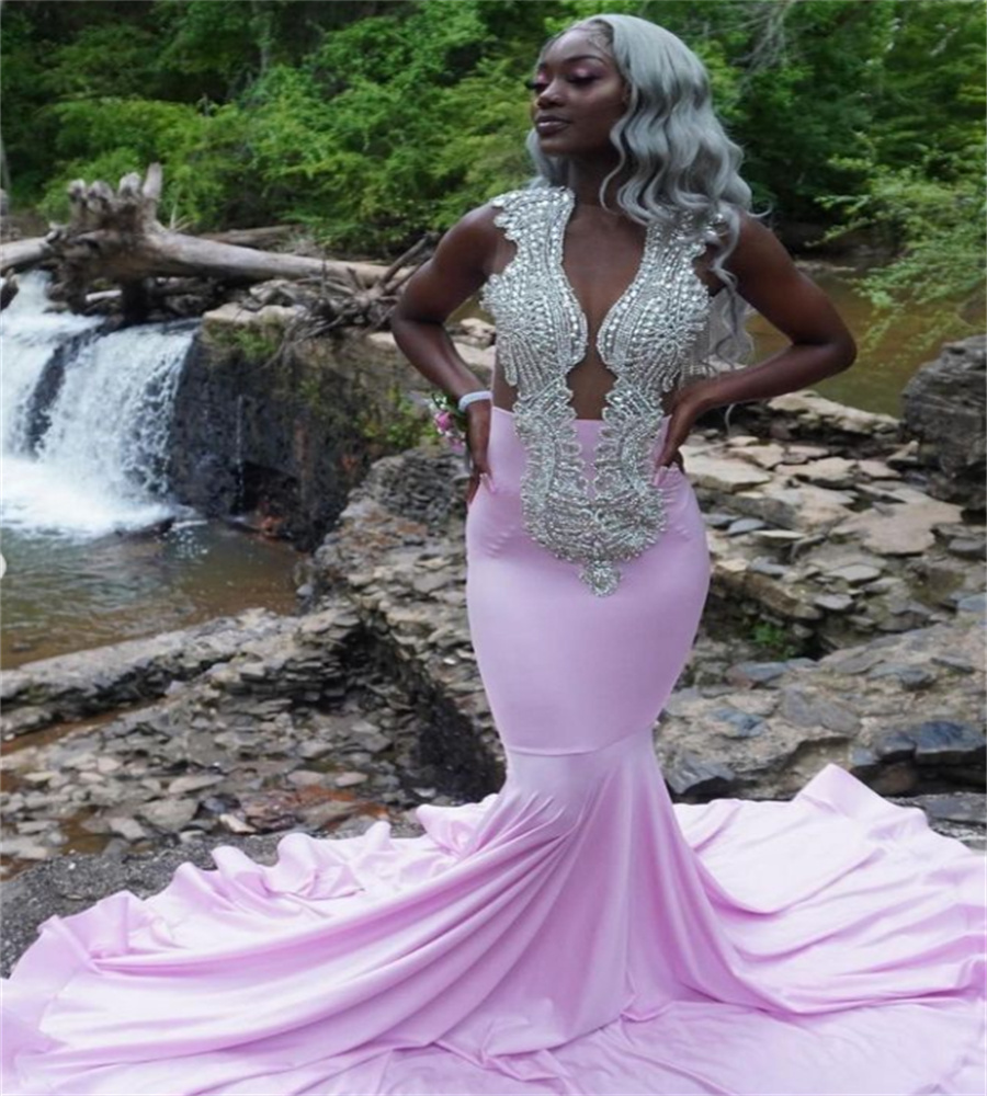 Beautiful Pink Beaded Prom Dress 2023 Elegant Mermaid Satin Black Girls Formal Occasion Wear Luxe Birthday Party Evening Gowns robe de soiree vestido 