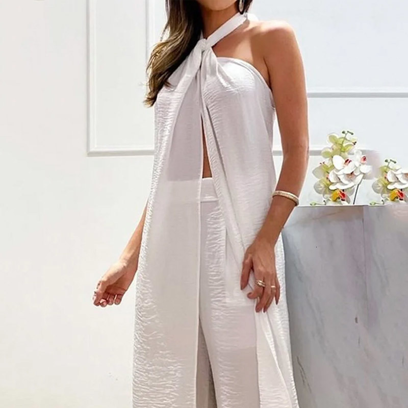 Women s Two Piece Pants Wefad Set Summer Fashion Sleeveless Lace Up Halter Neck Slit Long Top Loose Straight Sets Streetwear 230522