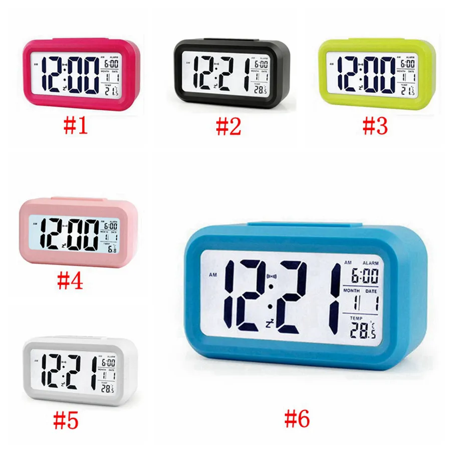 Plastic Mute Alarm Clock LCD Smart Temperature Cute Photosensitive Bedside Digital Alarm Clocks Snooze Nightlight Calendar Desk Table Clock