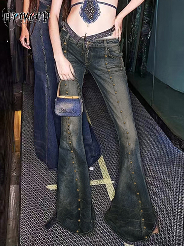 Women s Two Piece Pants Weekeep Distressed y2k Flared Jeans Streetwear Low Rise Rivet Stitching Cargo 90s Grunge Women Denim Trousers Vintage 230522