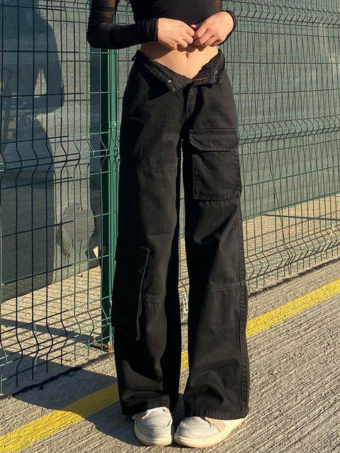 Women s Two Piece Pants Weekeep Low Rise Black Jeans Baggy Pocket Patchwork Straight Cargo Harajuku Streetwear Denim Trouser Fashion s 230522