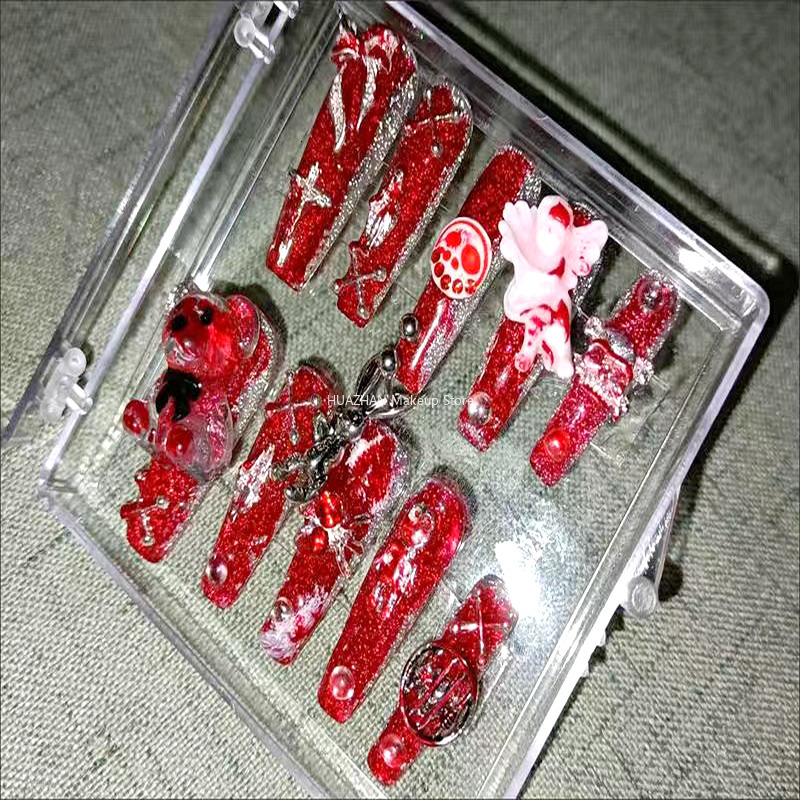 False Nails Girl Style Spooky Mask Rabbit Press on Nails Y2K Handmade Halloween False Nails with Adhesive Long Coffin Acrylic False Nail Tip 230617