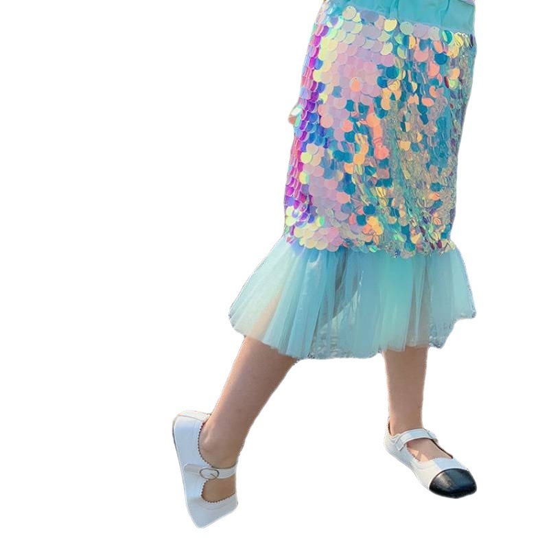 Skirts Summer Girls Childrens Half Dress Mini Skirt Daughter Of The Sea Blue Mermaid Princess Special Sequins 230520