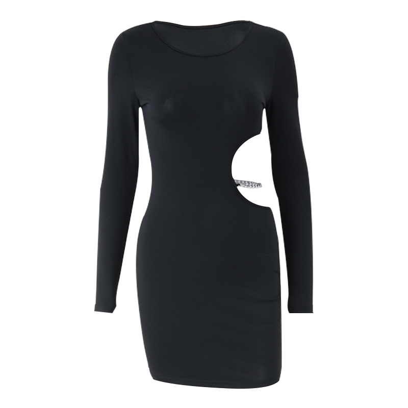 Basic Casual Dresses Xeemilo Sexy Waist Hollowed Mini Dress Black Long Sleeves Slim 2023 Elegant Women Metal Chain Decoration Vestidos 230522