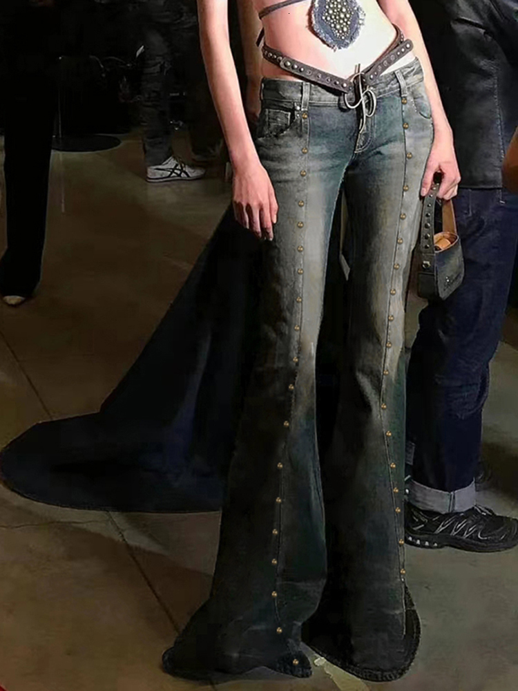 Women s Two Piece Pants Weekeep Distressed y2k Flared Jeans Streetwear Low Rise Rivet Stitching Cargo 90s Grunge Women Denim Trousers Vintage 230522