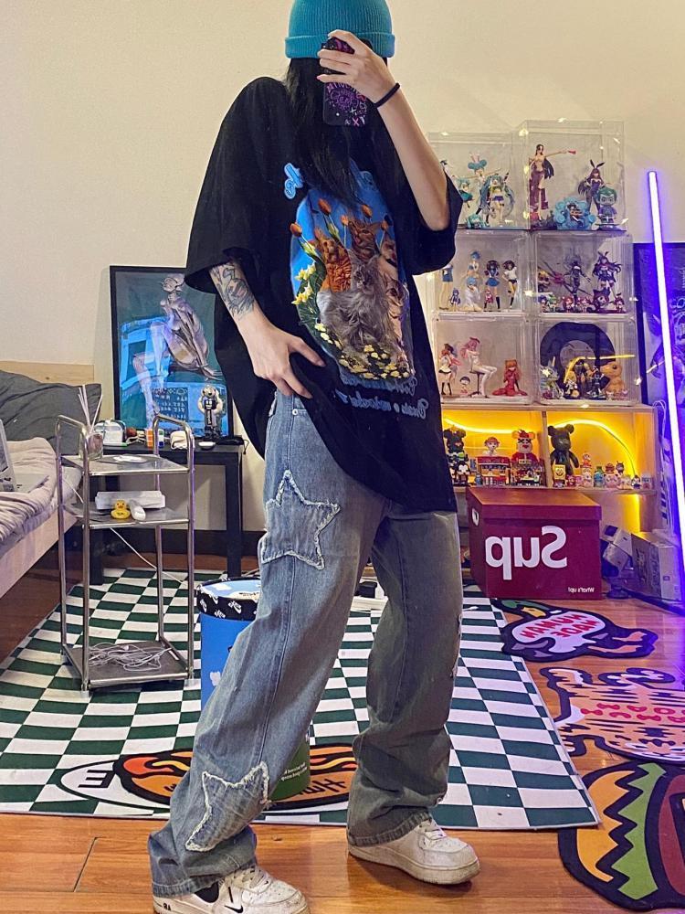 Women s Two Piece Pants Tawaaiw Streetwear Blue Pentagram High Waist Jeans Y2k Korean Style Hip Hop Straight Denim Boyfriend For Women Trousers 230522