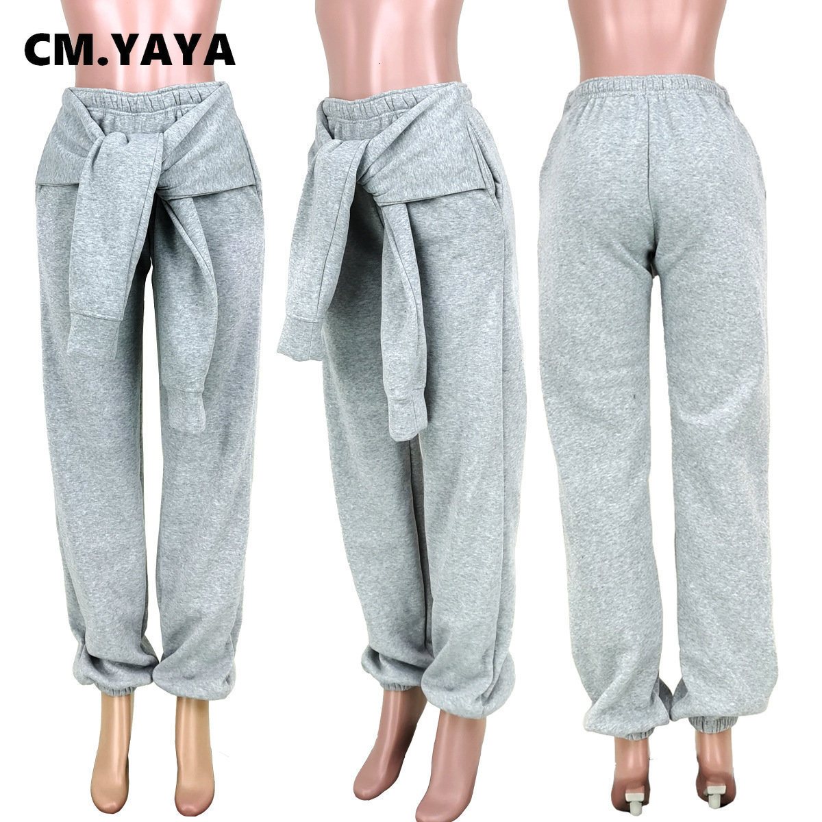 Women s Pants s CM YAYA Streetwear Sleeve Knot Around Waist Jogger for Women Autumn Winter Black Gray Sweatpants Fashion Trousers 230522