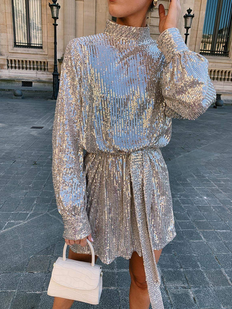 Basic Casual Dresses Sequin Lace Up Dress Green Turtleneck Long Sleeeve Midi Female Autumn Winter Ruffle Party Club Lady Vestidos 230522