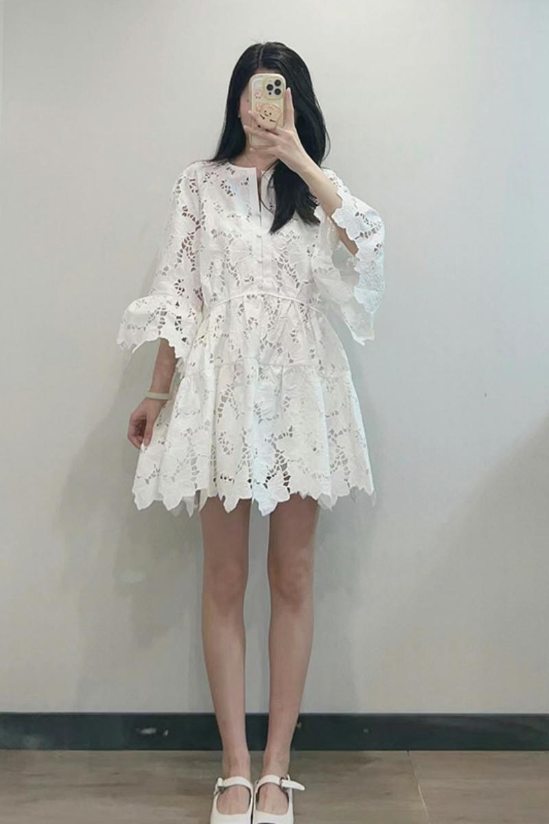 Casual Dresses S-elf-Portrait Cotton Lace Mini Dress Wide Sleeve A-line Dress for Women White