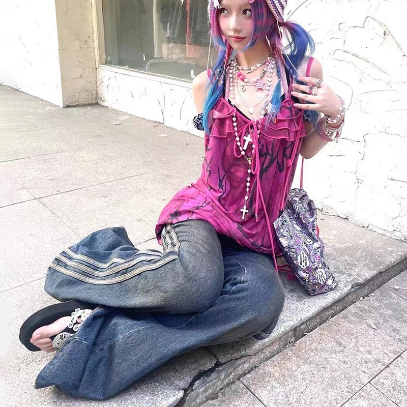 Women s Two Piece Pants Karrram Grunge High Waist Flare Jeans Vintage Striped Denim Y2k Harajuku Bell Bottom 2000s Skinny Mopping 90s 230522