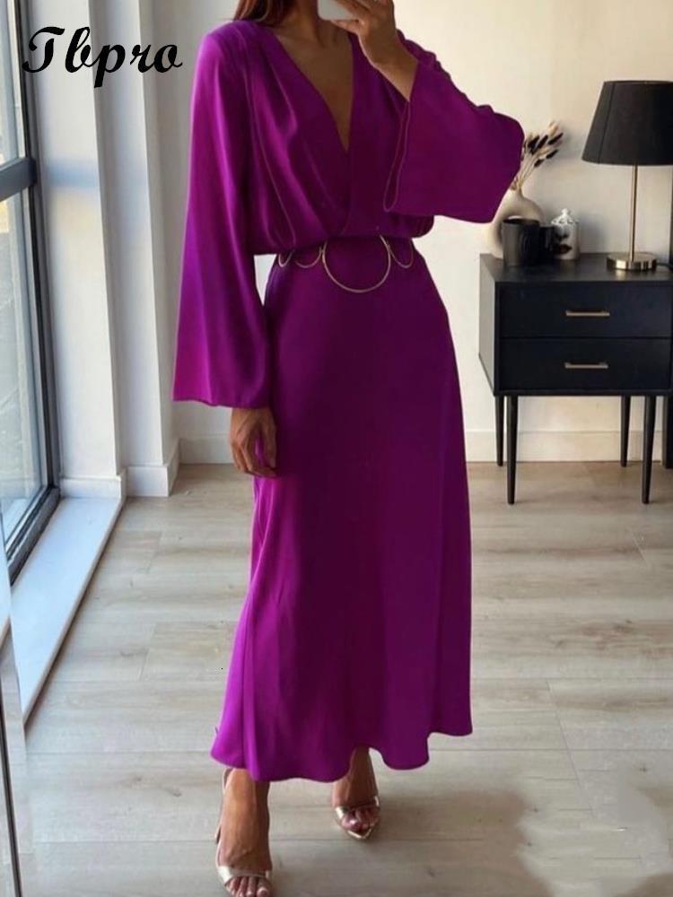 Basic Casual Dresse Solid V Neck Midi Dress Elegant Loose Long Sleeve Robes Vestidos 2023 Spring Female High Waist Vacation Party 230522