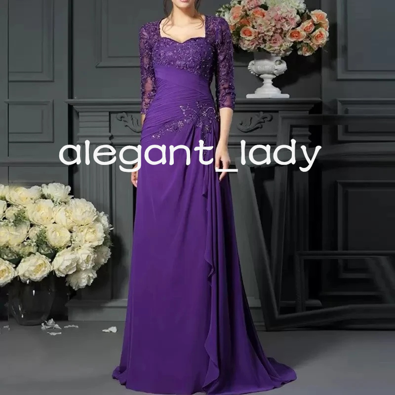 Purple Lace Chiffon Mother of the Bride Groom Dresses with 3/4 Long Sleeve Beaded Pleated Mother Occasion Dress Wear