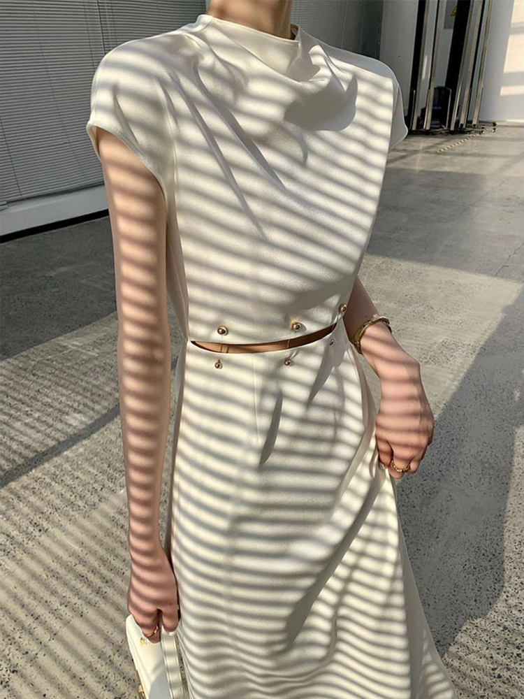 Basic Casual Dresses TWOTWINSTYLE Elegant White Long Dress Female Round Neck Short Sleeve High Waist Cut Out Midi For Woman Clothing Fashion 230522