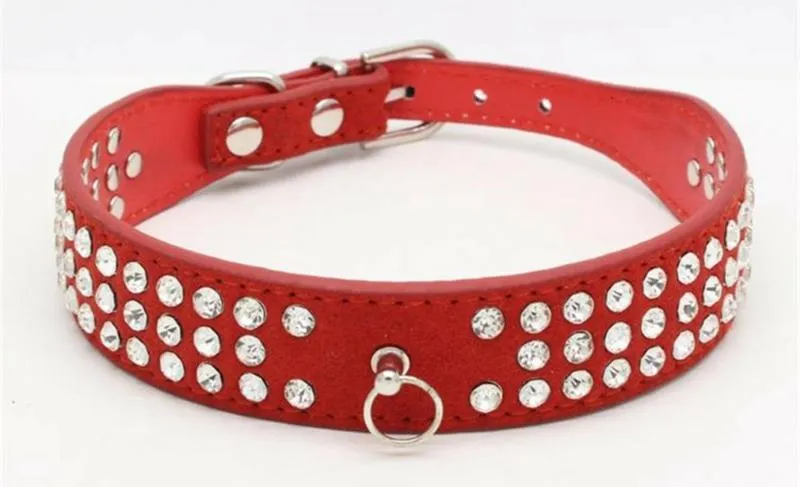 Personalized Length Suede Skin Jeweled Rhies Pet Collars Three Rows Sparkly Crystal Dias Studded Puppy Dog Collar