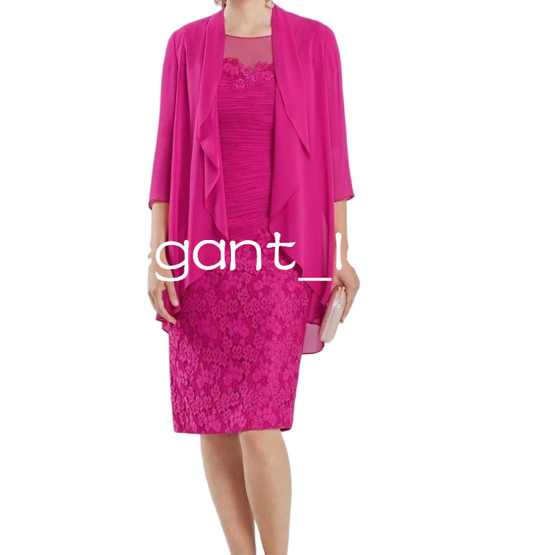Fuchsia Mother of the Bride Dress With Jacket Plus Size Elegant Vintage Jewel Knee Length Lace Satin Long Sleeve with Applique