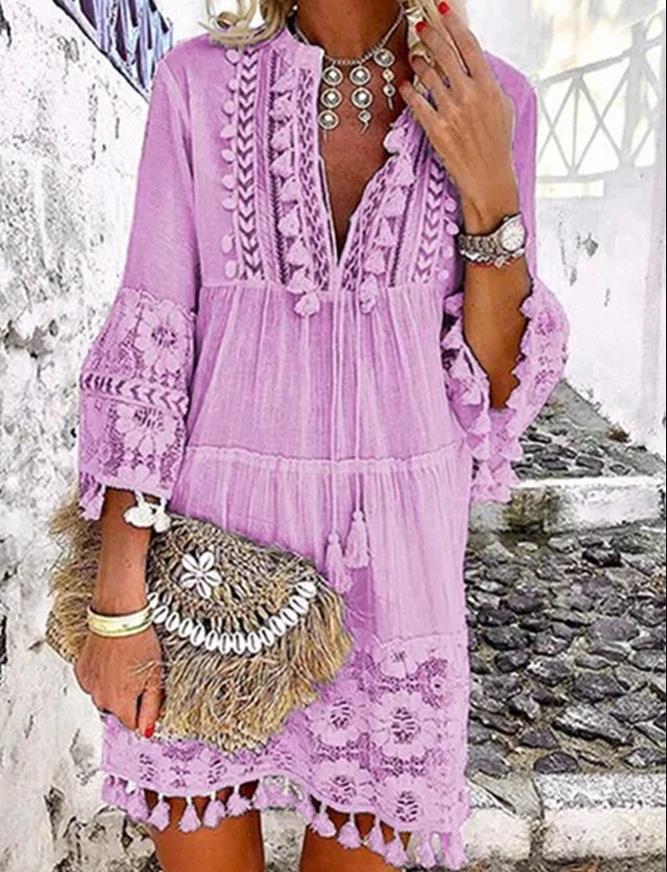 New Womens Casual Dresses Fashionable Sweet Ladies Dress Causal 3/4 Sleeve V Neck Holiday Boho Dresses with Lace Lace and Tassel Cut Out Dress