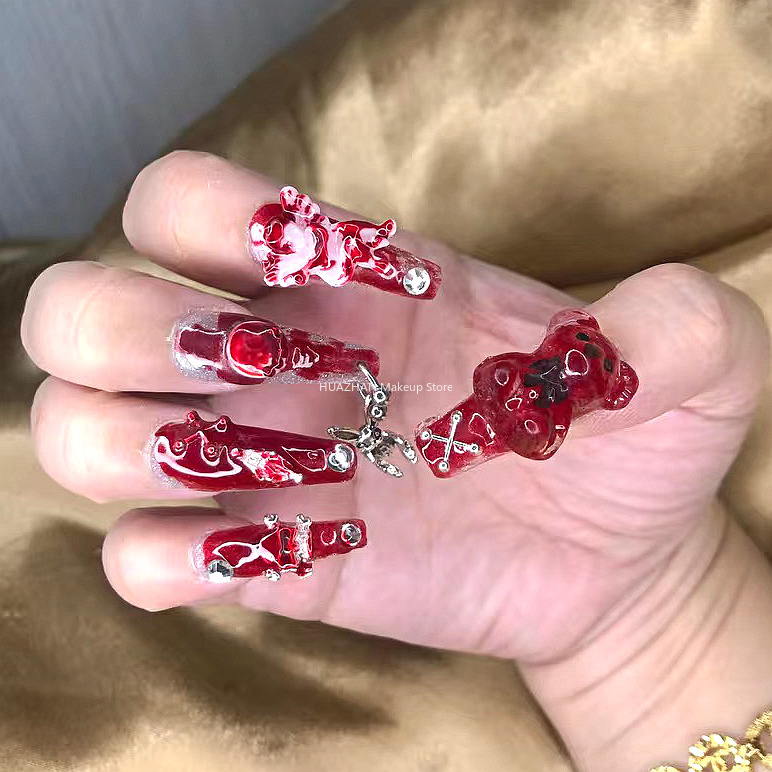 False Nails Girl Style Spooky Mask Rabbit Press on Nails Y2K Handmade Halloween False Nails with Adhesive Long Coffin Acrylic False Nail Tip 230617